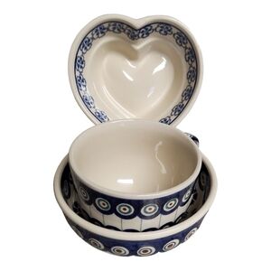 Boleslawiec Handmade Polish Pottery 3 piece set bowl mug heart dish Peacock